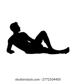 A black silhouette of a man lying down and looking to the side, isolated on a white background.
