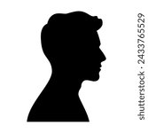 Black silhouette of man, male head portrait in profile, handsome young guy vector illustration