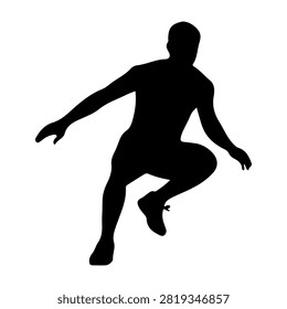 Black silhouette of a man mid-air in a dynamic jumping pose, emphasizing movement and energy against a plain white background.