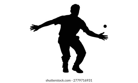 A black silhouette of a man in mid-performance, juggling a ball on a clean white background.