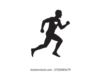A black silhouette of a man in mid-stride running is depicted against a white background. 