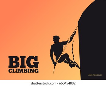 Black silhouette of man on mountain on the sunset - climbing background. Climbing sport man on rock. Vector illustration