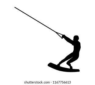 Black silhouette of a man on wakeboard on the white background. Isolated vector illustration.