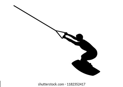 Black silhouette of a man on wakeboard on the white background. Isolated vector illustration.