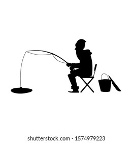 Black silhouette of a man on winter fishing with a rod sitting on ice vector illustration on a white background. Fisherman outline graphic image, leisure and activity.