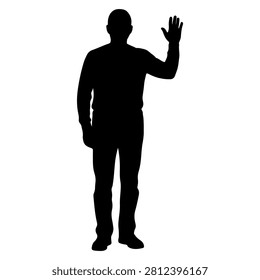Black silhouette of a man with one hand raised in greeting or wave, set against a plain white background, emphasizing gesture and form.