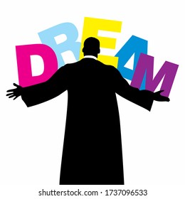Black silhouette of a man with outstretched arms holding huge letters of the word Dream