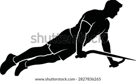 A black silhouette of a man performing an inclined push-up exercise on a bar, representing fitness, strength, and athletic training.