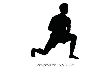 A black silhouette of a man performing a lunge exercise, isolated on a white background.