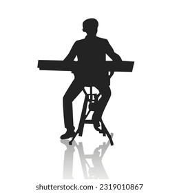 black silhouette of a man playing the piano, pianist, musician, playing a song, on a white background