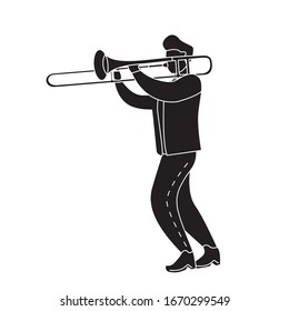 Black silhouette  man playing the trombone. Modern flat vector illustration.Isolated on white background.Cartoon character musician.