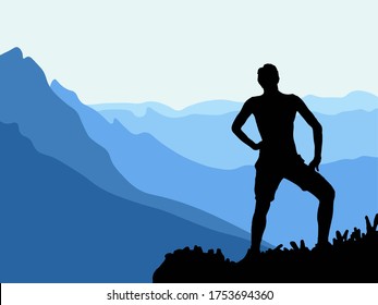Schwarze Silhouette des Menschen posiert auf dem Hügel, genießt eine schöne Aussicht. Vektorgrafik. 