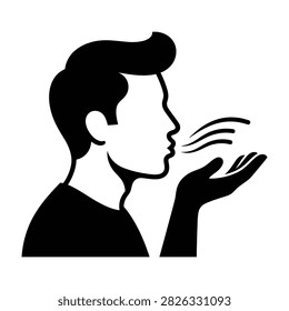 Black silhouette of a man in profile blowing a kiss with his hand. Symbol of romance, love, and affection. Perfect for greeting cards, valentines, and romantic themes.