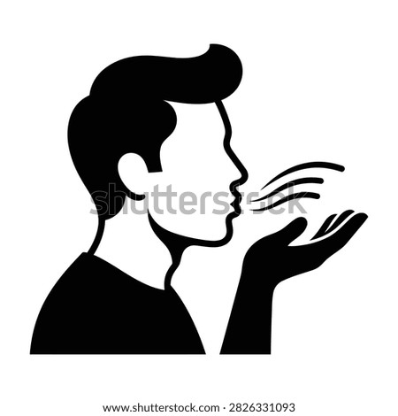 Black silhouette of a man in profile blowing a kiss with his hand. Symbol of romance, love, and affection. Perfect for greeting cards, valentines, and romantic themes.