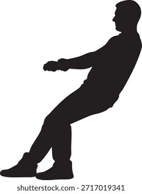 Silhueta preta de um homem puxando uma corda ou objeto pesado com esforço isolado no fundo branco