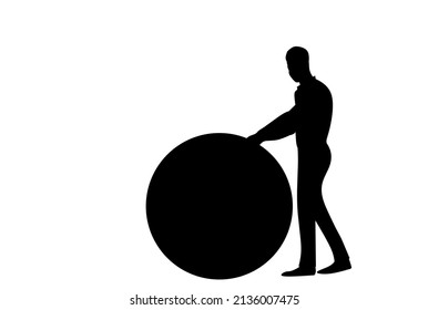Black silhouette of a man pushing a bid ball or circular package, work smarter than harder, exercising with balls