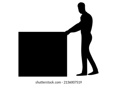 Black silhouette of a man pushing a cardboard box, work smarter than harder