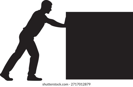 Black Silhouette of a Man Pushing a Large Heavy Square Box Isolated on White Background