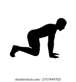 A black silhouette of a man in a push-up position with hands shoulder-width apart and body in a straight line from head to heels isolated on white background