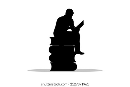 Black silhouette of a man reading book on a chair of bundle of books, relaxing, sitting