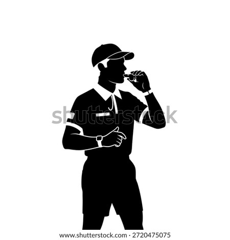 A black silhouette of a man in a referee uniform, wearing a cap, shirt, and shorts, blowing a whistle with his right hand near his mouth. He is also wearing a watch on his left wrist.