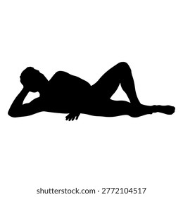 A black silhouette of a man in a relaxed pose, lying on his side with one arm supporting his head.
