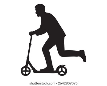 Silhueta preta do homem montando chute scooter em movimento, isolado no fundo branco, ilustração. conceito de transporte, atividade ao ar livre, esporte, lazer, deslocamento urbano.