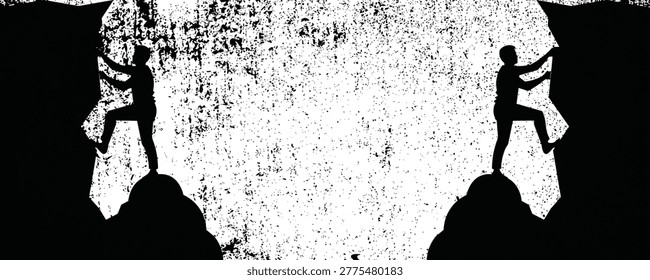 Black silhouette of a man rock climbing on a craggy cliff isolated on a clean white background