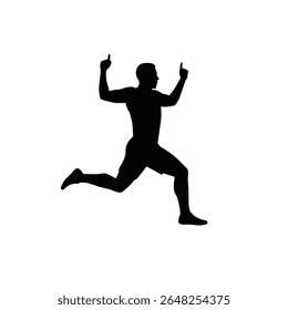 A black silhouette of a man running with arms raised in celebration against a white background The style is simple and vector based.