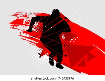 Black silhouette of man running with the ball in his hands