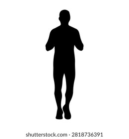 A black silhouette of a man running, captured in motion, emphasizing athleticism and movement against a plain background.