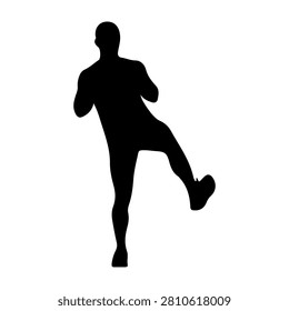 Black silhouette of a man running with energetic posture, emphasizing movement and athleticism against a plain background.