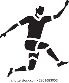 A black silhouette of a man running with his right leg forward and left arm raised, wearing a short-sleeved shirt and shorts, depicted in a dynamic pose with a solid white background