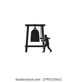 A black silhouette of a man running with a large bell on a wooden frame.
