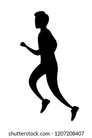 Black Silhouette. Man Running In Sports Wear. No Face Cartoon Character Design. Flat Vector Illustration Isolated On White Background.