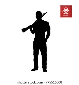 Black Silhouette Of Man With Shotgun On White Background. Zombie Shooter. Character For Computer Game Or Thriller. Hunter With Rifle. Vector Illustration