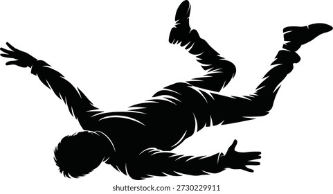 Silueta negra de un hombre mostrada desde una vista posterior, que parece caer o flotar, con extremidades extendidas sobre un fondo blanco.