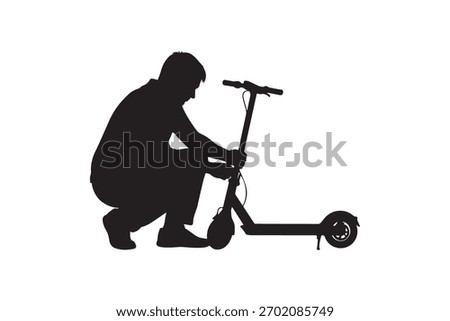 A black silhouette of a man is shown crouching down, appearing to adjust or interact with an electric scooter.