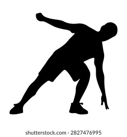 A black silhouette of a man in a side stretch pose demonstrating flexibility and fitness, isolated on a white background.