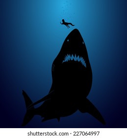 Black silhouette man is sinking down into the deep blue sea vs the big horrible shark (EPS10 Art vector)