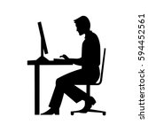 black silhouette of a man sitting behind a computer icon, vector, working man