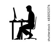 black silhouette of a man sitting behind a computer icon, vector, working man, workplace concept, student working at laptop