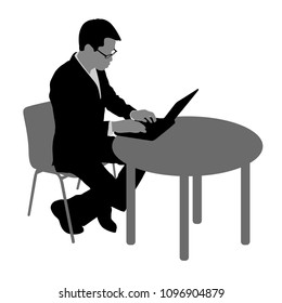 Black silhouette man sitting behind computer, on a white background