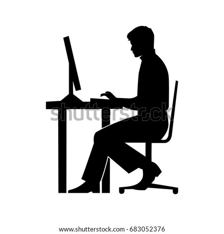 black silhouette of a man sitting behind a computer icon, vector, working man, workplace concept, student working at laptop