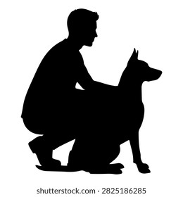 A black silhouette of a man sitting beside a dog, highlighting companionship and loyalty in a simple, clean style.