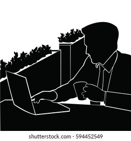 black silhouette of a man sitting drinking coffee and working at a laptop in the street cafe icon vector
