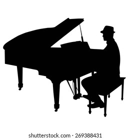 A black silhouette of a man sitting at a grand piano. He is wearing a hat like a jazz musician