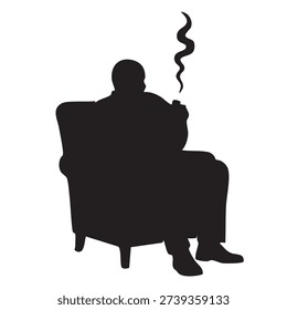 black silhouette of a man sitting in large chair and smoking cigarette