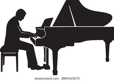 Black silhouette of a man sitting on a chair and playing a grand piano, isolated on a white background, side profile view of a musician