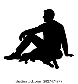 Black silhouette of a man sitting on the ground in a reflective pose, isolated on a white background, emphasizing contemplation and solitude.